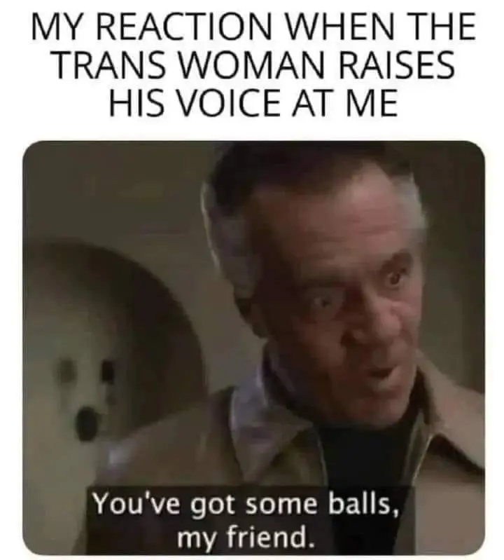 My reaction when the trans woman raises his voice at me: You've got some balls, my friend