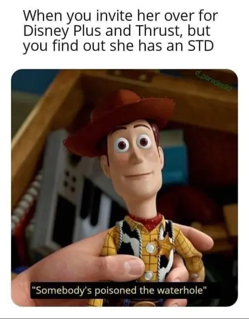 When you invite her over for Disney Plus and Thrust, but you find out she has an STD: Somebody's poisoned the waterhole