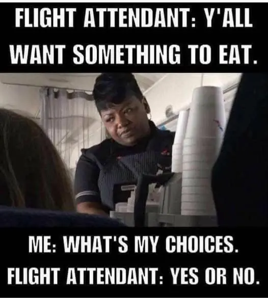 Flight Attendant: Y'all want something to eat?
Me: What's my choices?
Flight Attendant: Yes or No