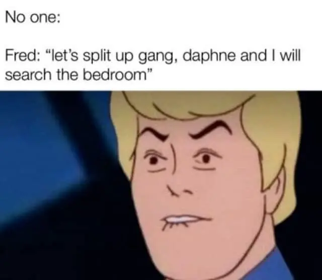 No one:
Fred: "let's split up gang, Daphne and I will search the bedroom"