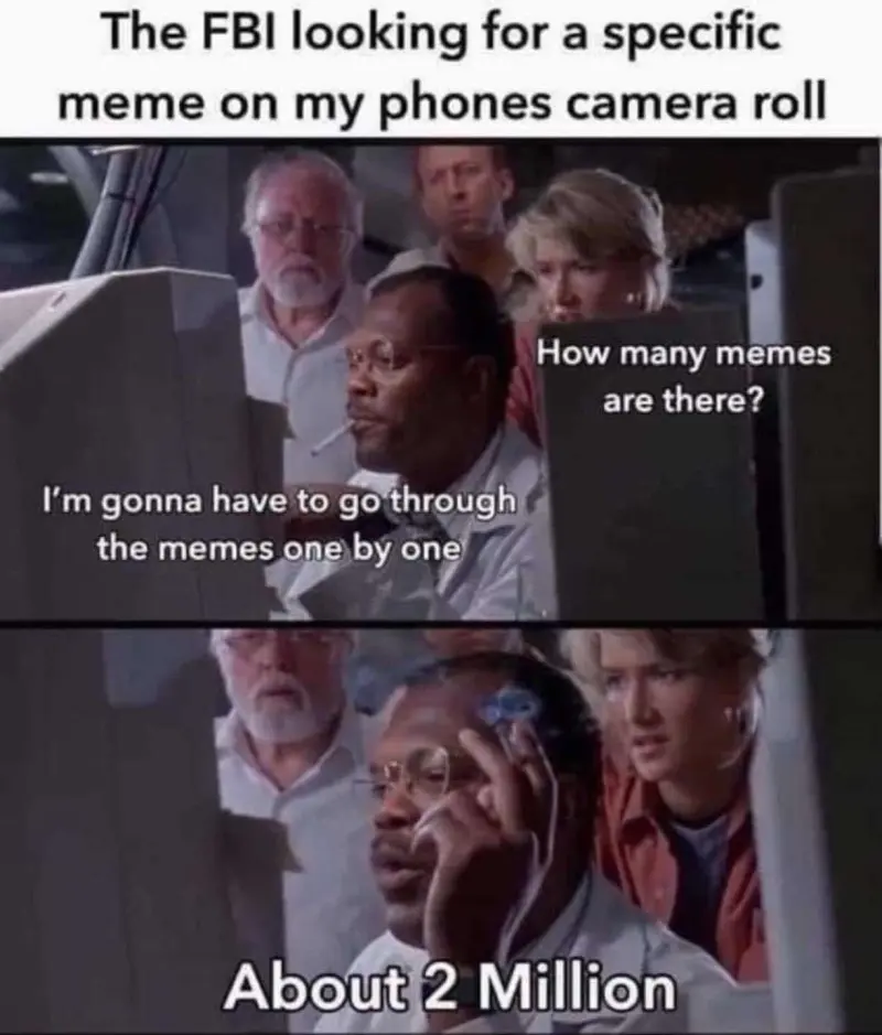 The FBI looking for a specific meme on my phone.
[Person 1]: How many memes are there?
[Person 2]: I'm gonna have to go through the memes one by one. About 2 Million