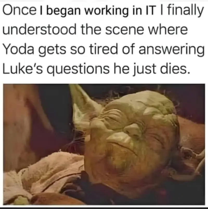 Once I began working in IT I finally understood the scene where Yoda gets so tired of answering Luke's questions he just dies.