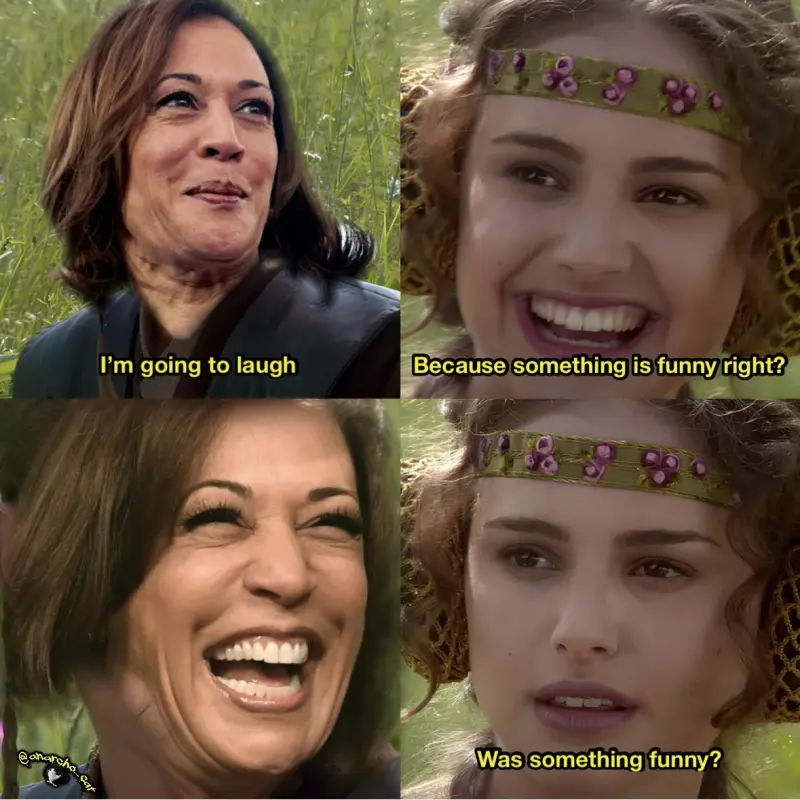 kamala: I'm going to laugh
Person: Because Something is funny right?
Kamala: [Laugh]
Person: Was something funny?