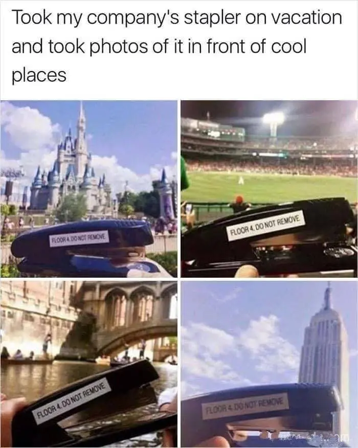 Took my company's stapler on vacation and took places of it in front of cool places