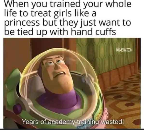 When you trained your whole life to treat girls like a princess but they just want to be tied up with hand cuffs. Years of academy training wasted!