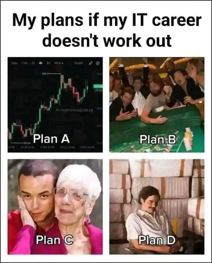 My plans if my IT career doesn't work out:
Plan A: Trading
Plan B: Gambling:
Plan C: Older Woman
Plan D: Drug Smuggling