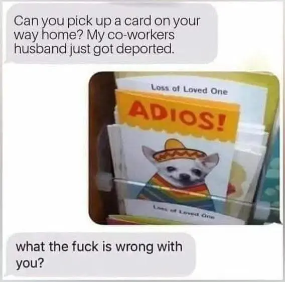 Wife: Can you pick up a card on your way home? My co-workers husband just got deported.
Husband: [Card that says Adios!]
Wife: What is wrong with you?